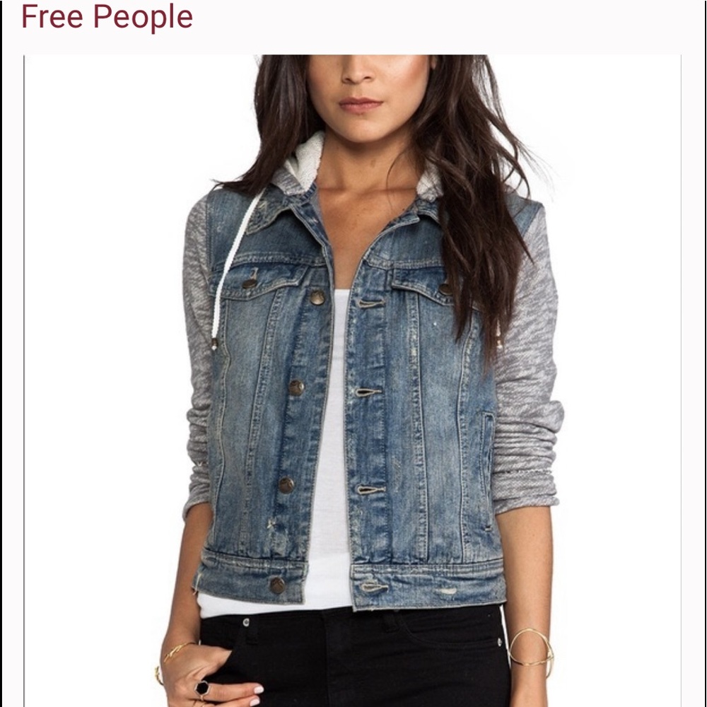 Free People Denim Jkt. with sweatshirt arms/hood.